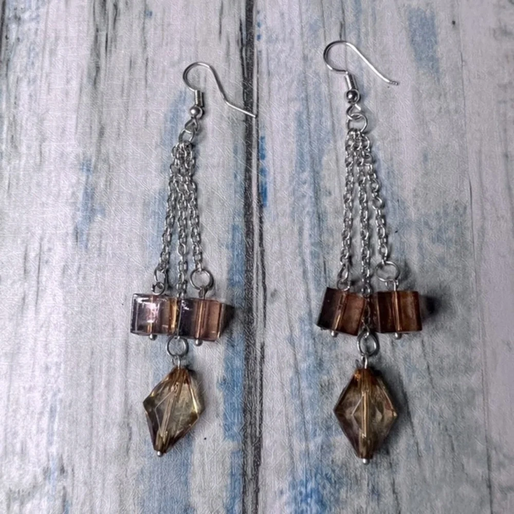 Vintage dangle earrings silver tone chain with Amber colored beads